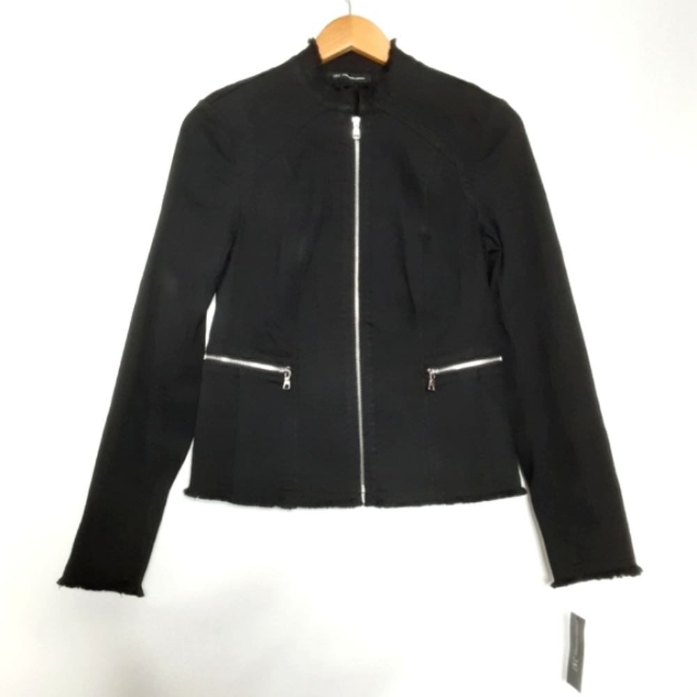 INC International Concepts black stretch moto jacket high neck women sz XS